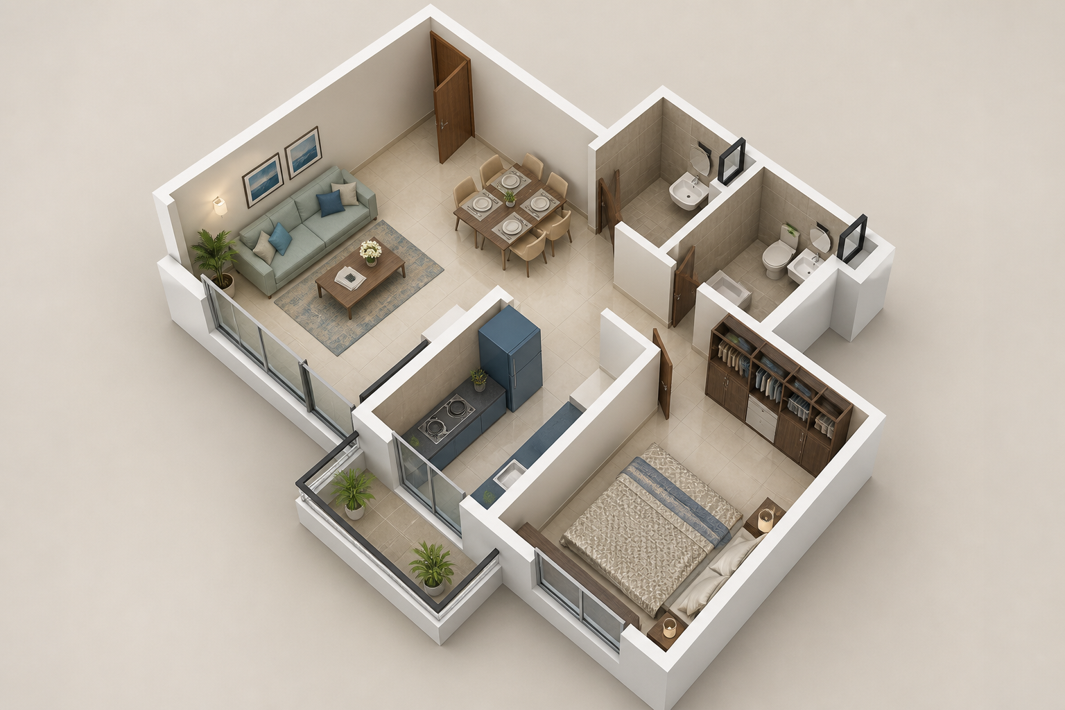 1 BHK illustrative 3D layout