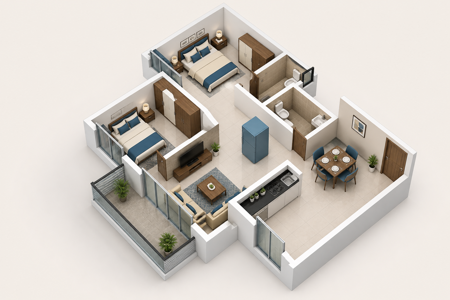 2 BHK illustrative 3D layout